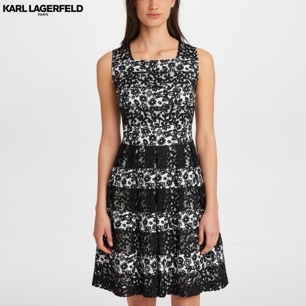 Karl Langford - Lace Striped Fit and Flare Dress
